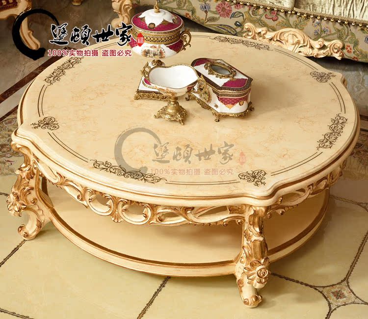 European-style solid wood carved gold ivory white coffee table retro gold leaf coffee table villa living room marble countertop