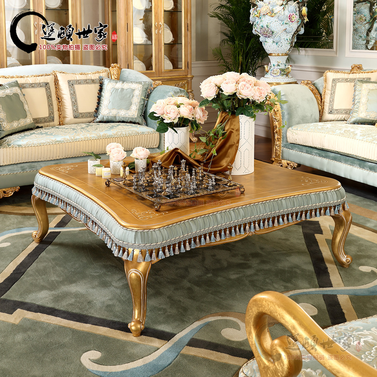 Italian Luxurious Home Innate Classical Full Patch Gold Leaf Solid Wood Engraved Coffee Table Tea Table Sofa Side A Few Sets