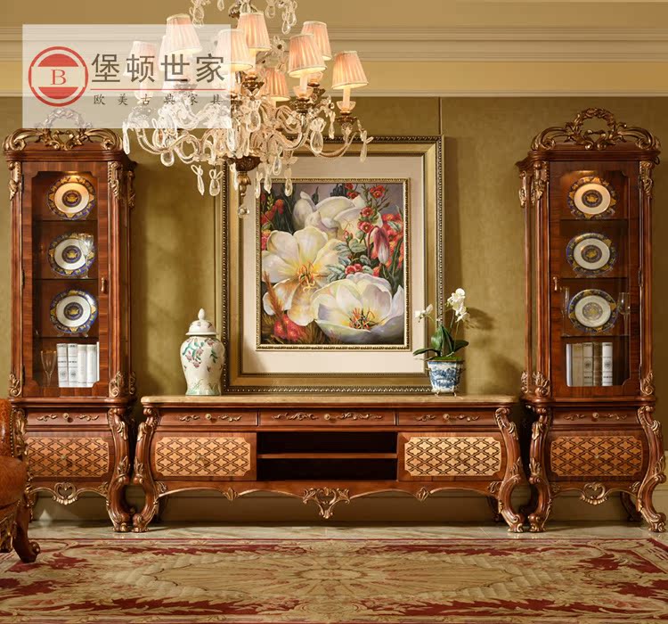 French luxury TV cabinet European villa floor cabinet solid wood carving living room Italian high-end TV wine cabinet combination