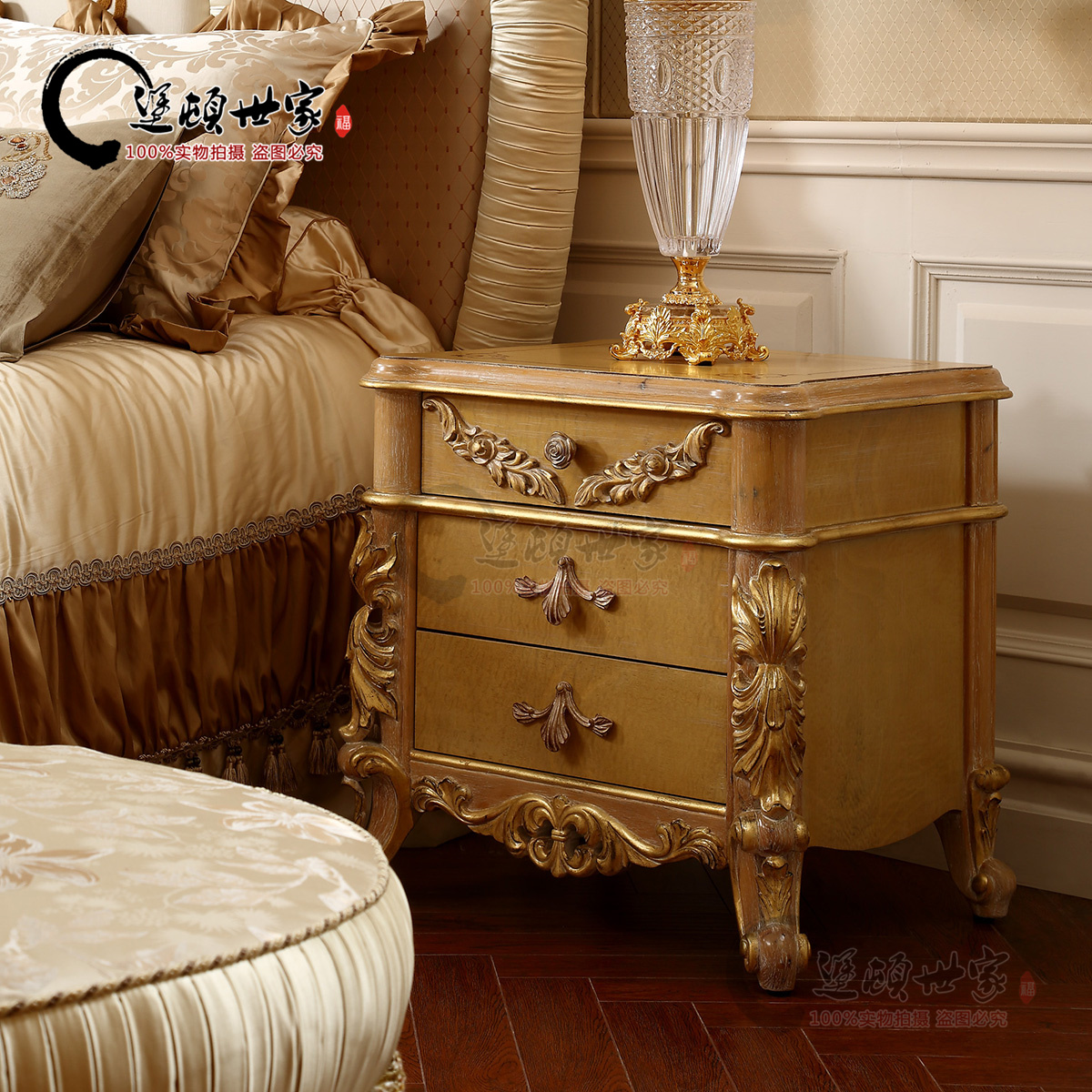 Fort Ton Home Italy European Style Extravaganza Solid Wood Retro Make Old Engraving Gold Leaf Bedroom Triple Smoke Headboard Storage Cabinet
