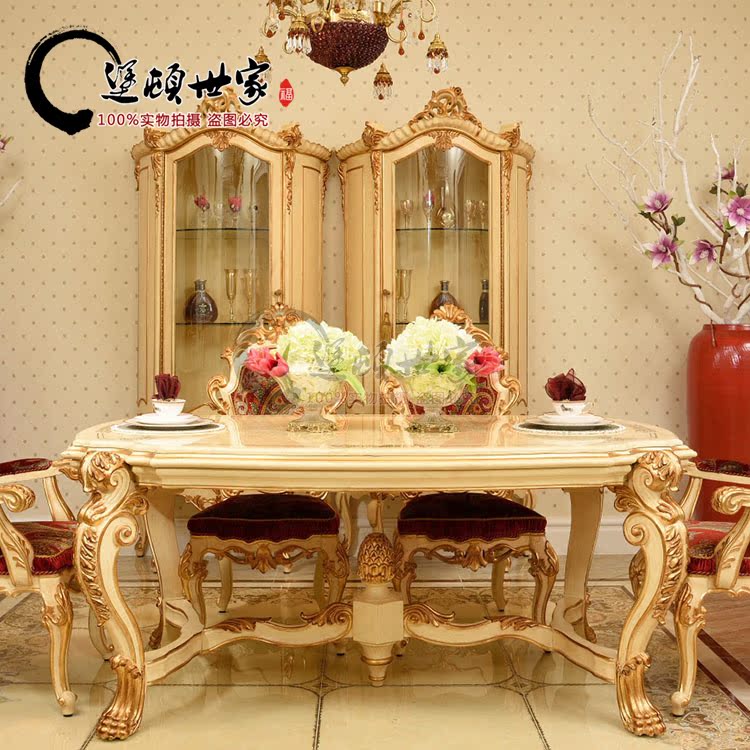 Eurostyle marble face table 1 6 m solid wood sculptures 6 people American meals New classical dining table and chairs combined long table