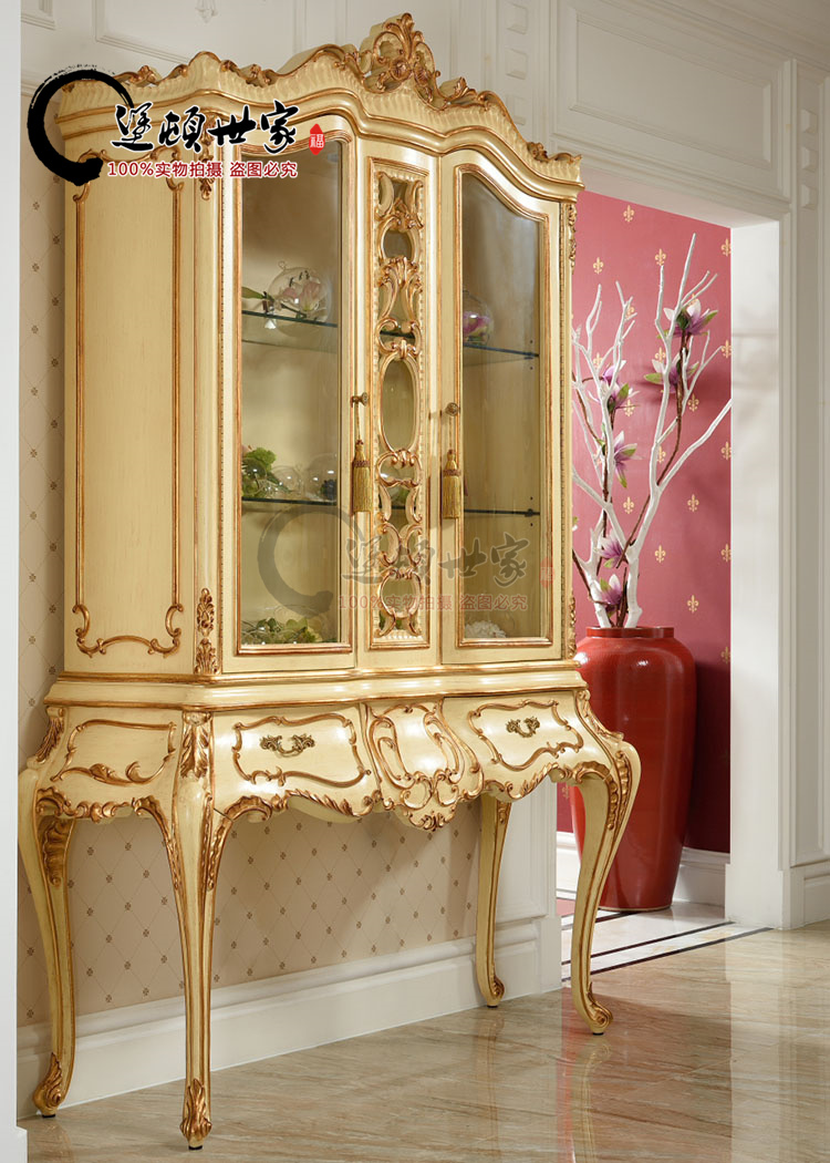 Eurostyle Villa Mansion Dining Room Furniture Glass Wine Cabinet Home Décor Solid Wood Side Cabinet Display Cabinet Glass Cabinet