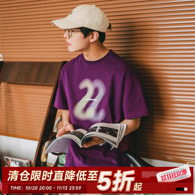 260g Heavyweight Hey Ma Seven in stock, Japanese-style blurry letter printed short-sleeved summer men's small collar T-shirt