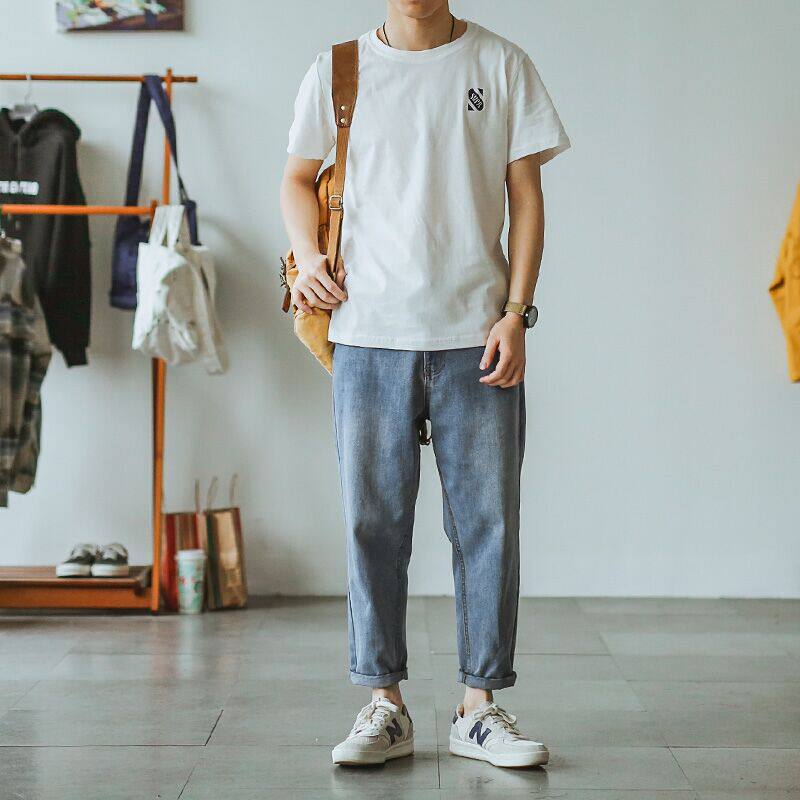 Hey Ma Qizuo original Japanese retro men's fashion brand summer jeans Nine-point pants casual straight pants couple