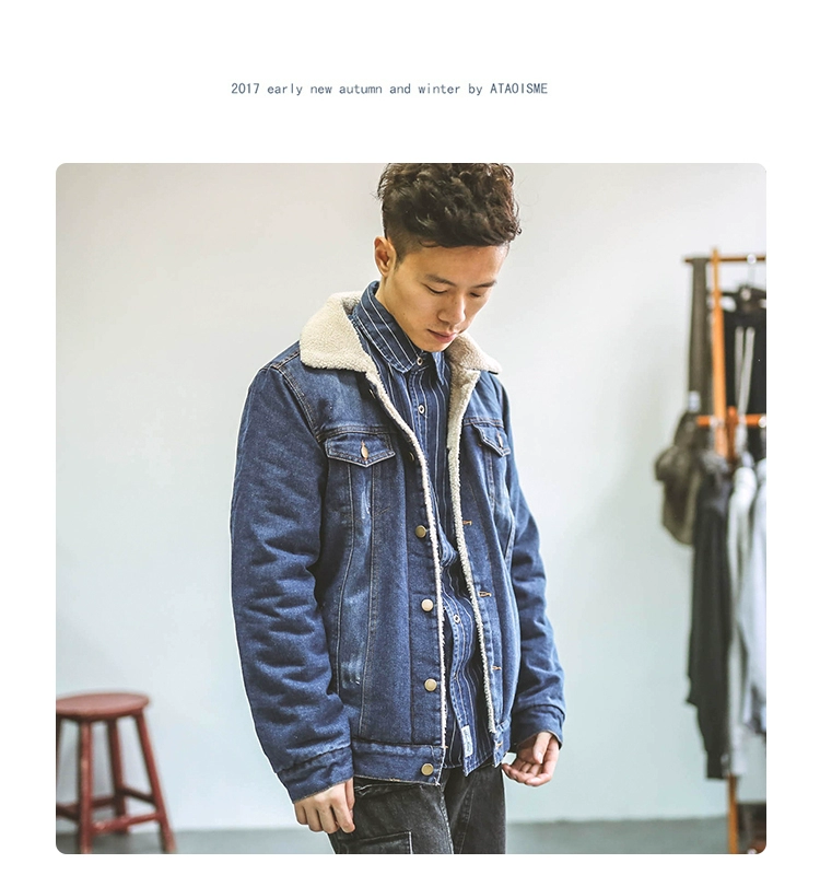 Hummer Nhật Bản cộng với nhung mùa đông mặc cũ lamb tóc denim jacket jacket bông áo khoác thủy triều thương hiệu người đàn ông của bông áo khoác những người yêu thích