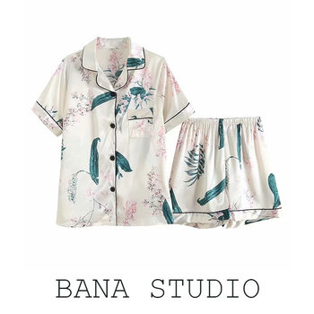 Bana ການຄ້າຕ່າງປະເທດ pajama pants shirt summer loose acetate imitation satin color v-neck short-sleeved shorts pants pajamas home set
