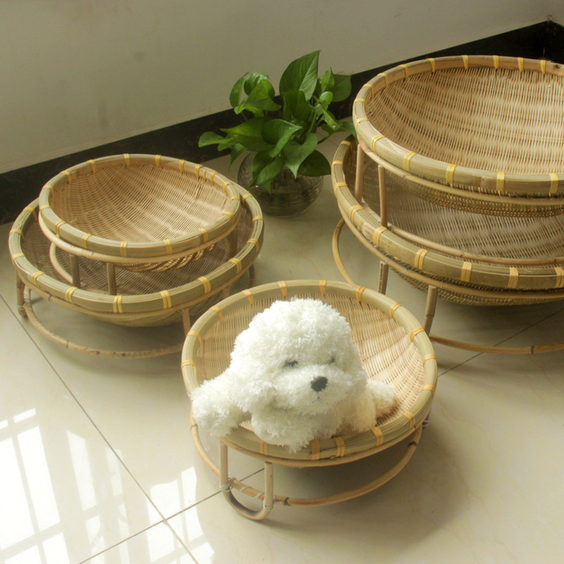 Bamboo Cat and Dog Bed with Base, Round, Large, Pet Essential, Summer Cool Bed, Breathable Bamboo Weaving Product