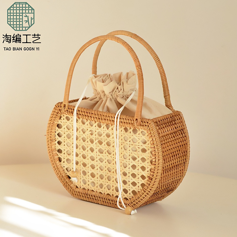 Forest Girl Style Woven Handbag, Vietnamese Autumn Rattan Beach Outing Straw Bag, Large Capacity Tote Basket, ins Fresh and Simple Style