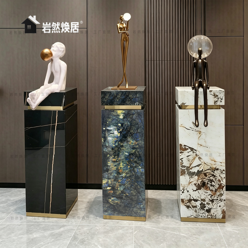 2026 New Light Luxury Gold-Edged Stone Flower Stand Floor-Standing Column Entryway Marble Display Table Living Room Height-Increasing Base