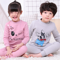Childrens three-layer thermal underwear suit cotton boys and girls quilted thickened semi-high-neck thermal clothing autumn clothes long pants
