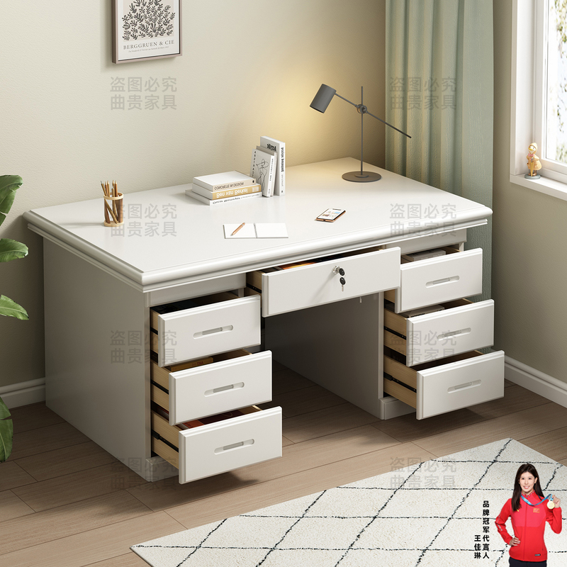 Modern Simple White Solid Wood Desk with Drawer Storage Cabinet Home Study Desk Office Staff Desk