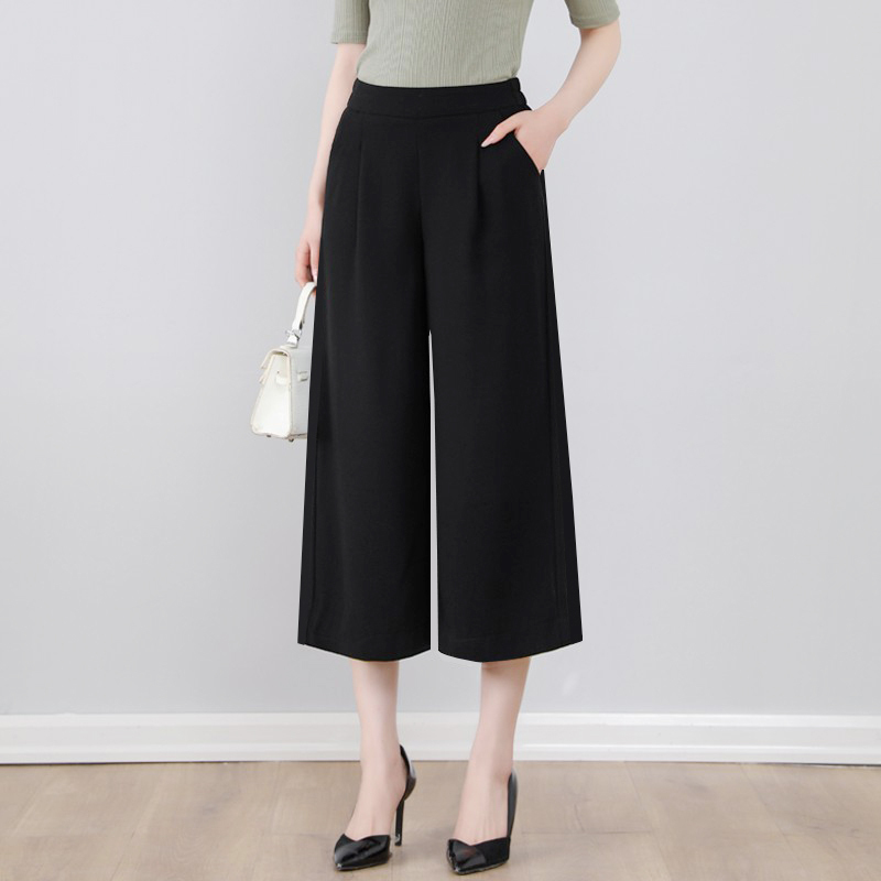Ice Silk Chiffon Wide-Leg Pants for Petite Women, Summer Thin Style, Three-Quarter to Eight-Ninth Length, Loose Fit, Elastic Waist, Middle-Aged Mom Pants
