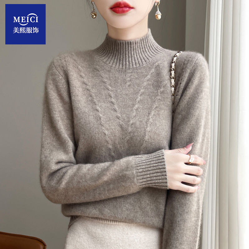 Cashmere sweater women's autumn and winter half turtleneck bottoming sweater thickened knitted sweater inner top loose solid color