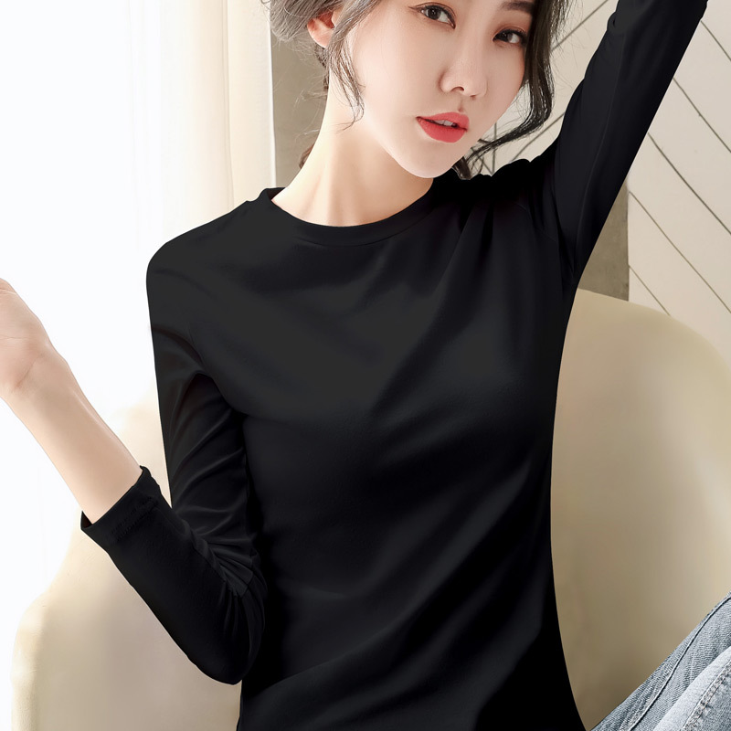 2025 New Pure Cotton Half-High Collar Women's T-Shirt, Black Slim Fit, Versatile Thin Top, Long-Sleeve Base Shirt