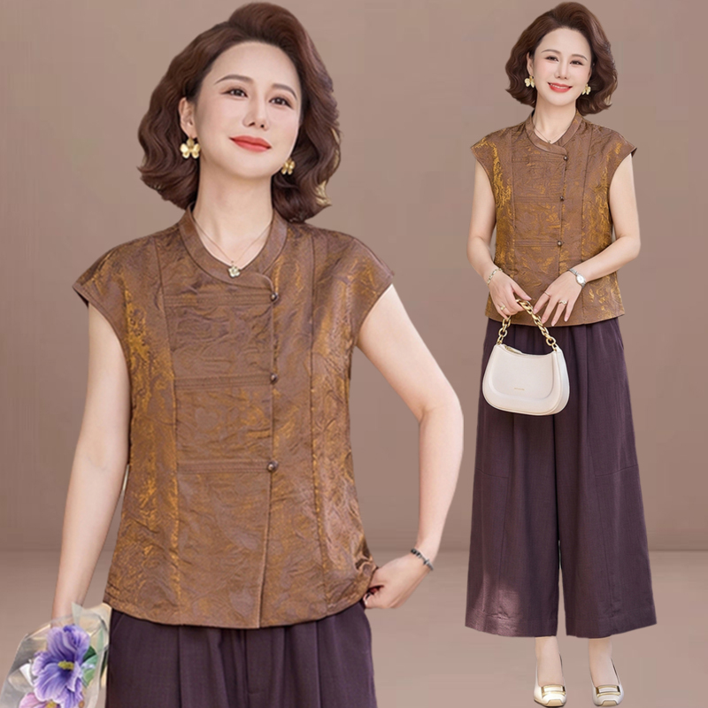 New Chinese-Style Summer Outfit for Mothers 2026 New Middle-Aged and Elderly Women's Summer Fashionable T-Shirt and Wide-Leg Pants Two-Piece Set