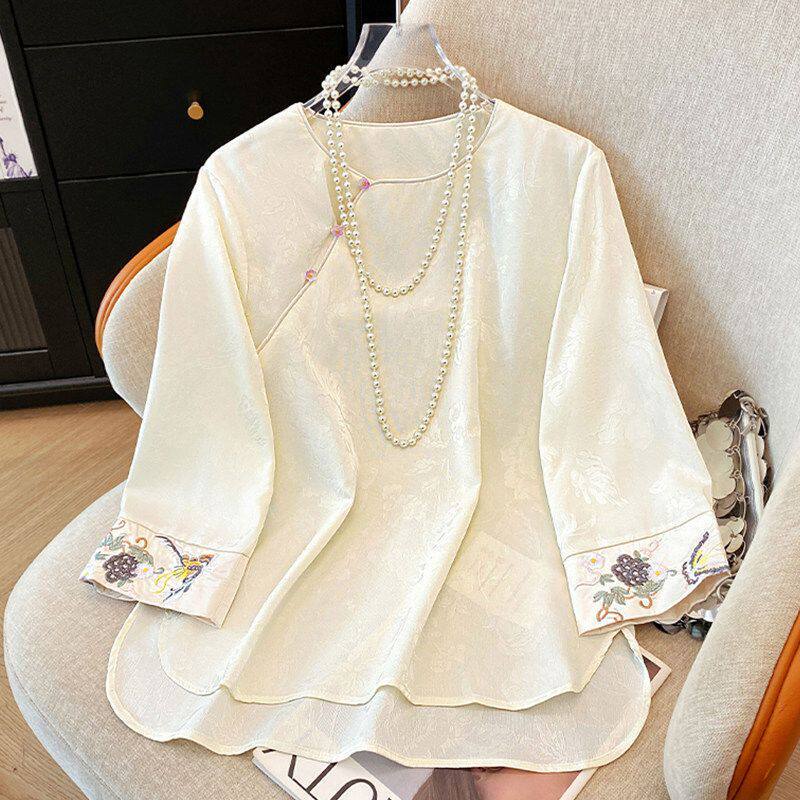 New Chinese-Style Inner Wear, Improved National Style Oblique-Front Top, Three-Quarter Sleeves, Jacquard Embroidery, Women's Shirt, Elegant, Loose and Versatile