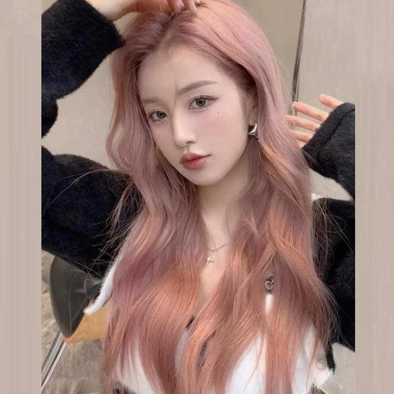 Wig for Women, Daily Wear, Pink Long Hair, Middle Parting, Wavy Bangs, Large Waves, Slightly Curly, Gray-Pink, Sweet and Fashionable, Full Wig