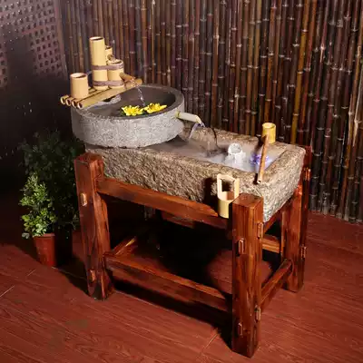 Old stone trough flower pot combination running water tank wooden frame stone tank bamboo flowing water indoor humidification fish raising blue stone old stone basin