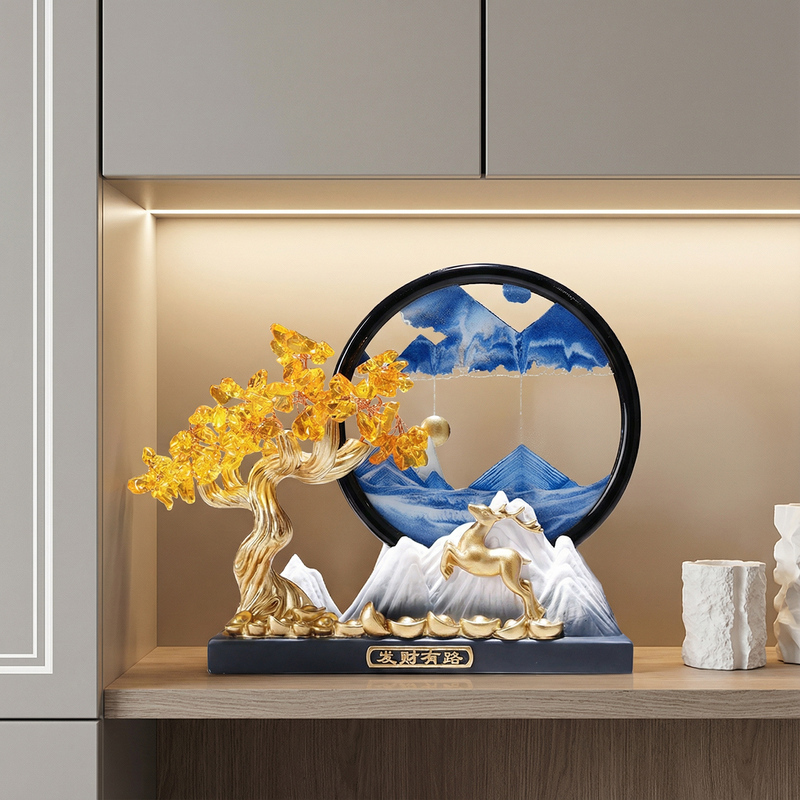 Fortune Has a Path: Quicksand Painting Ornaments, Office Cabinet Decorations, Desktop Stress-Relief Yellow Crystal Money Tree, Deer