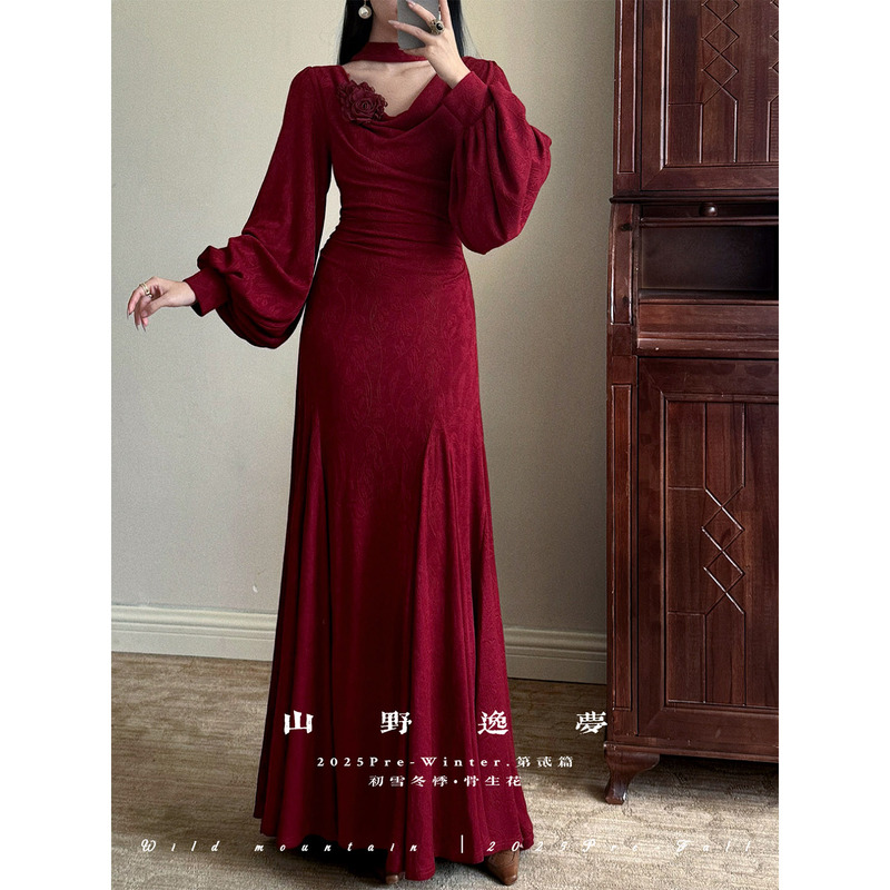 Mountain Dream Red Long Sleeve Greek Goddess Autumn and Winter Elegant Engagement Christmas Toasting Annual Party Dress Mountain Dream Red Long Sleeve Greek Goddess Autumn and Winter Elegant Engagement Christmas Toasting Annual Party Dress