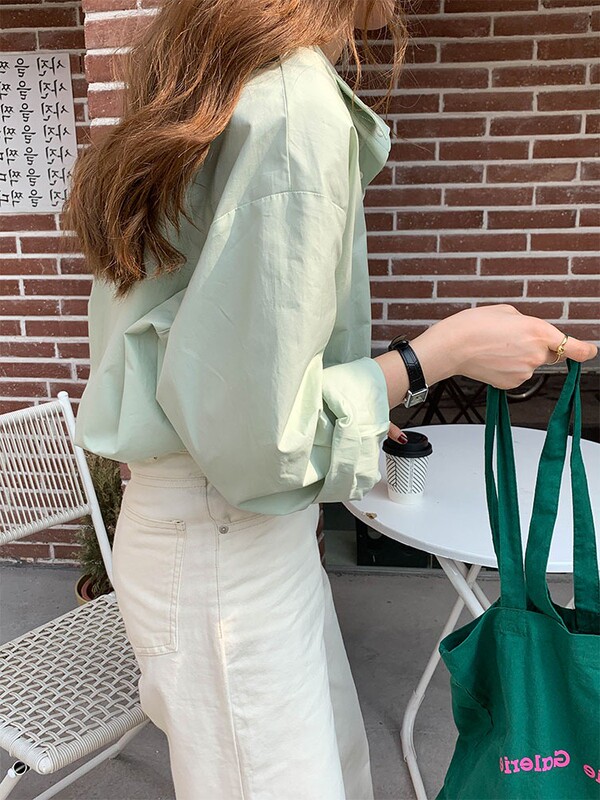 Japanese-Style Sweet Lapel Long-Sleeve Mint Green Shirt for Women, 2026 New Loose Korean Version Slimming Top for Early Spring Japanese-Style Sweet Lapel Long-Sleeve Mint Green Shirt for Women, 2026 New Loose Korean Version Slimming Top for Early Spring