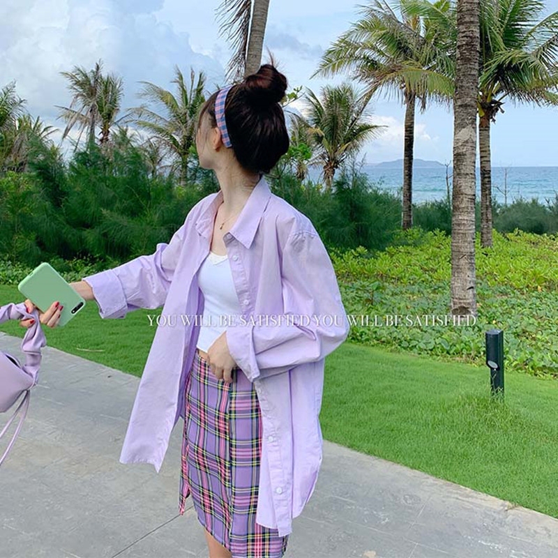 Mid-Length, Lazy Style, Loose-Fitting, Hong Kong Style Purple Shirt for Women, New Spring and Autumn Fashion, Stylish Pure Cotton Shirt Jacket for Women
