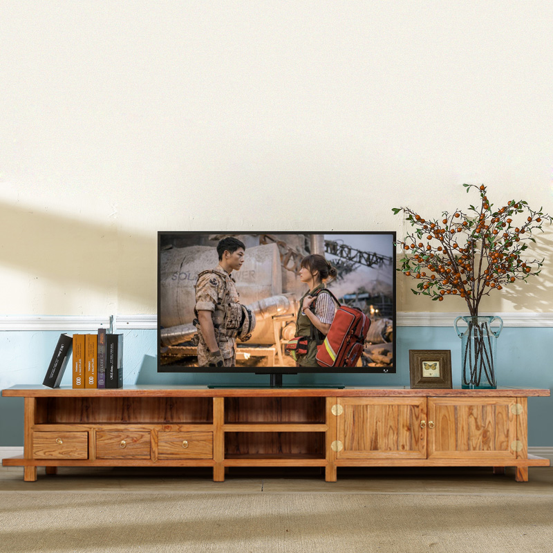 Solid wood TV cabinet living room 3 meters large TV cabinet video cabinet old elm modern Chinese low cabinet base cabinet