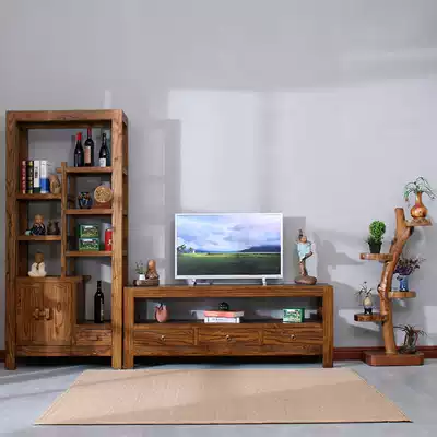 Old elm new Chinese TV cabinet combination wall small apartment modern living room bedroom small side cabinet solid wood shelf