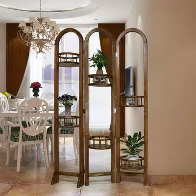 American country screen partition folding screen entrance Living room Bedroom office Chinese solid wood folding mobile flower stand