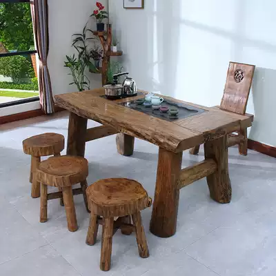 Old elm Chinese tea table Solid wood balcony tea table combination Zen antique Kung Fu tea table Tea table Log tea table
