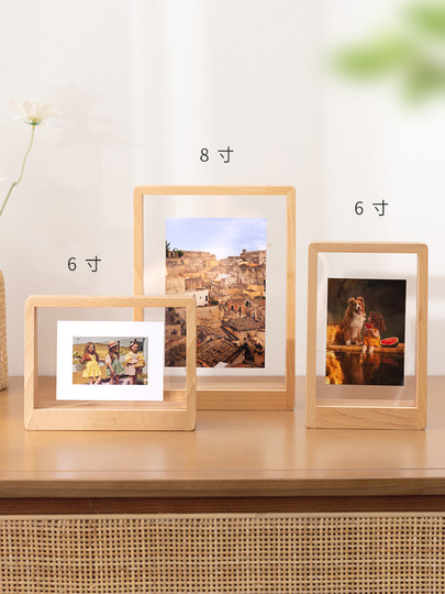 Solid Wood Double-Sided Transparent Photo Frame Empty Frame Display Stand 6 7 8inch Engraving DIY Polaroid Photo Frame Desktop Ornament
