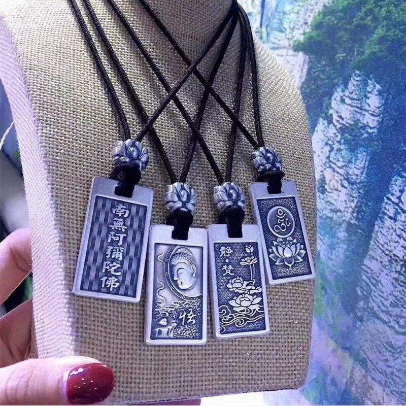 Pure silver antique lotus square brand pendant foot silver 999 Guanyin Buddha brand pendant Guan Gong men's truth peace and fortune hanging