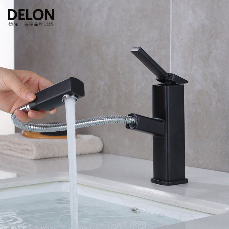 All copper pull-out black faucet Hot and cold washbasin Powder room single hole basin Under the table basin Telescopic table basin