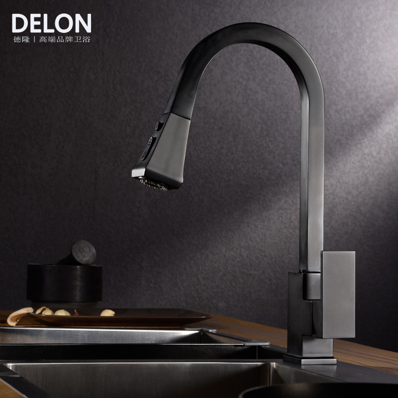 Kitchen faucet Household black all copper telescopic wash basin Hot and cold shower Sink faucet Pull-out rotatable