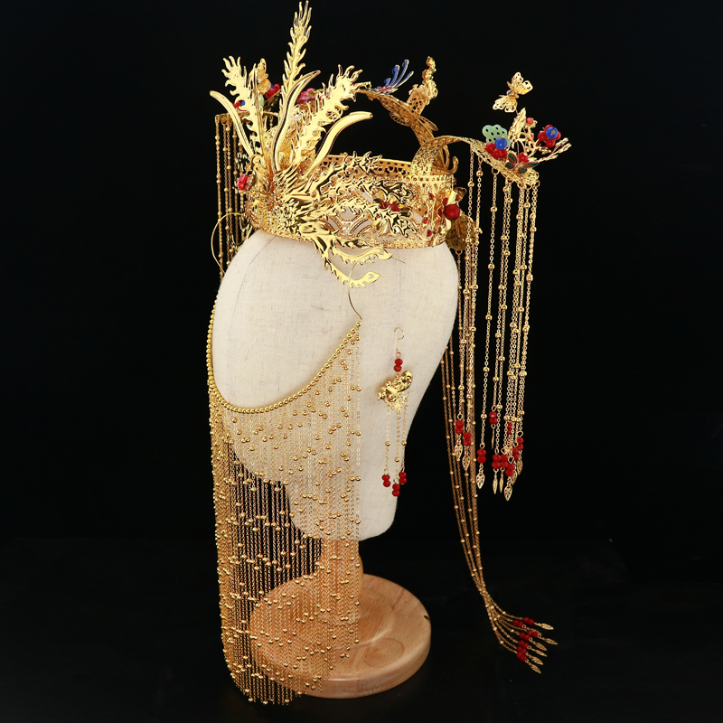 2021 new Hanfu costume bridal headdress Chinese hair accessories suit wedding jewelry Xiuhe clothing dragon and phoenix hanging accessories