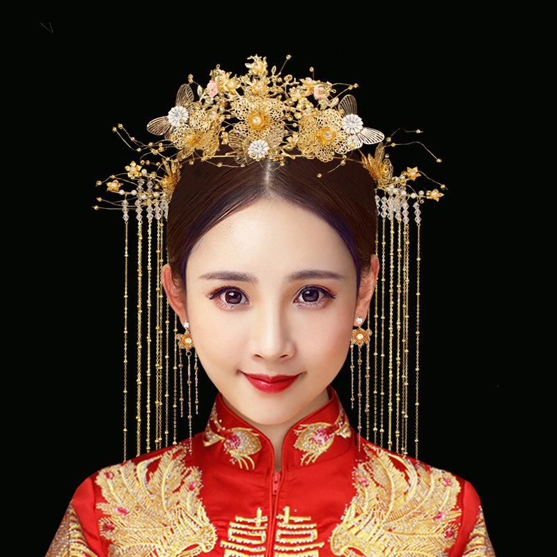Full naughty and bridal Chinese style ancient clothing headwear gold flow Su Step rocking Fengguan with ancient wind ornaments and women's hair accessories