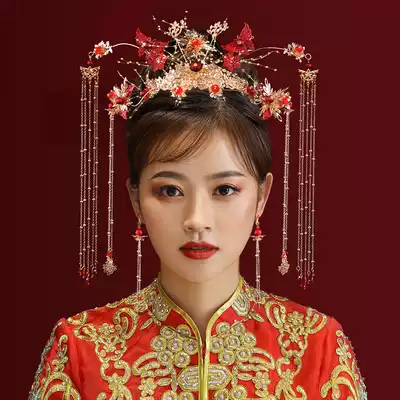 Xiuhe clothing headdress bride Xiuhe Chinese atmosphere wedding retro phoenix crown Dragon Phoenix hanging ancient clothing hair accessories ancient style jewelry