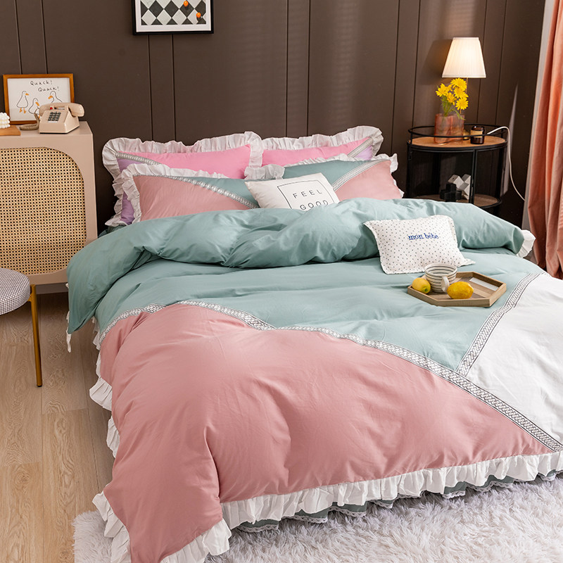 Cotton color matching bed skirt four-piece set pure cotton simple bed cover set twill Korean version ruffled quilt cover pillowcase cool feeling