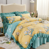 Cotton small fresh bed skirt four-piece set IKEA style pastoral bed skirt three-piece set cotton bedspread 1 5 1 8