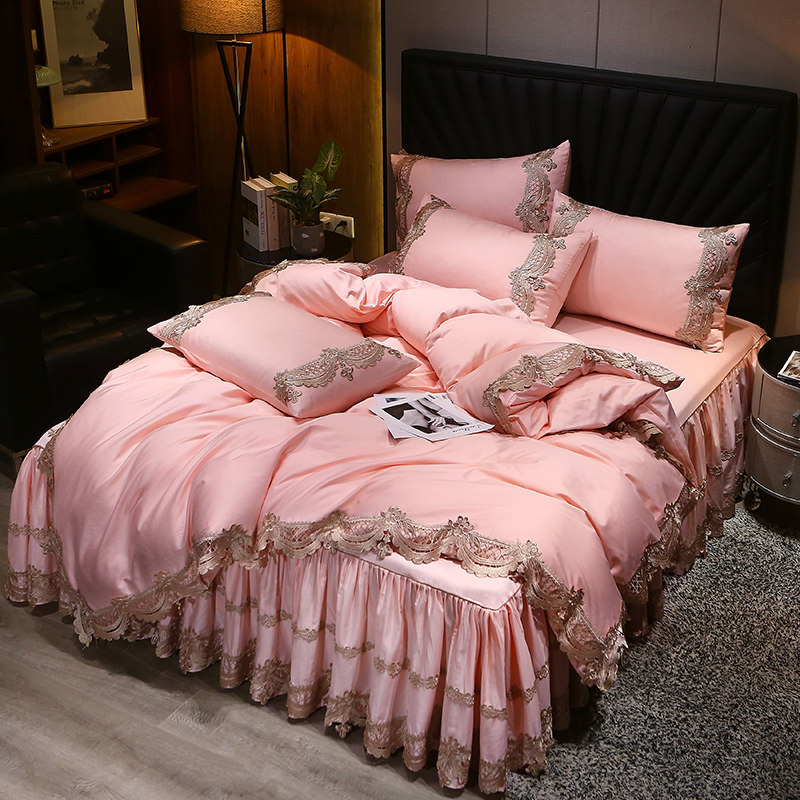 60 full cotton gon satin four pieces Thickened Monolayer Bed Skirt Kit long suede cotton European style Embroidery Lace