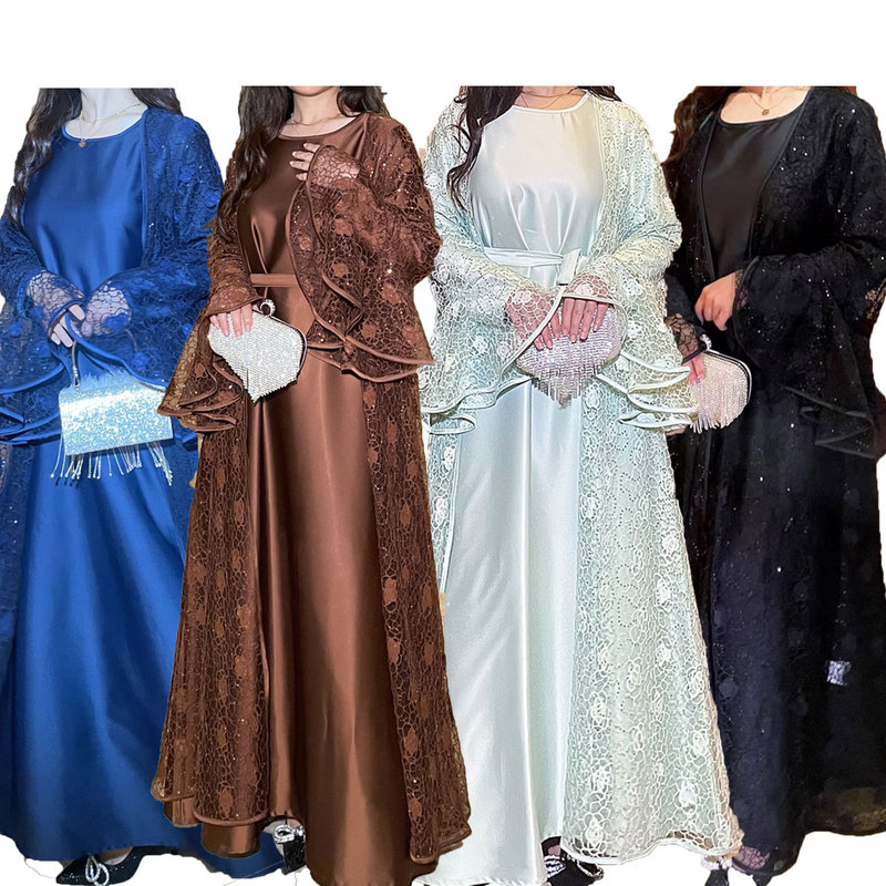 Southeast Asian Lace Sequin Bell-Sleeve Banquet Abaya Robe Two-Piece Set ((Banquet Part Robe)