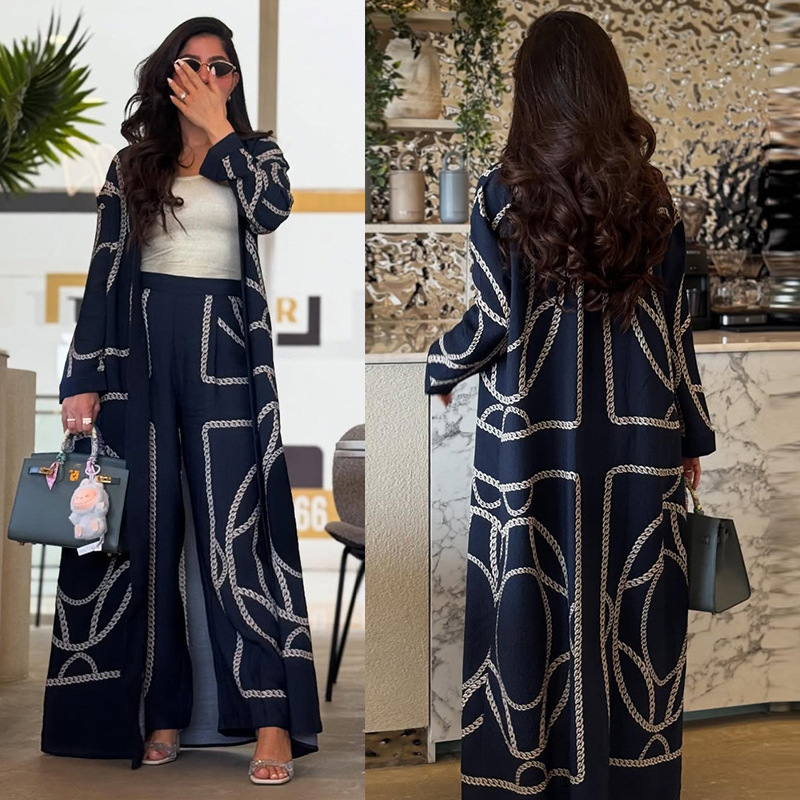 New Printed Cardigan Pants Abaya Robe Set for Women Dubai Women's Dress Robe Set