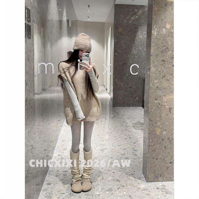 Chicxixi 2026/Aw Oat Milk Foam Early Autumn Layered Turtleneck Lazy Knit Vest Sweater for Women