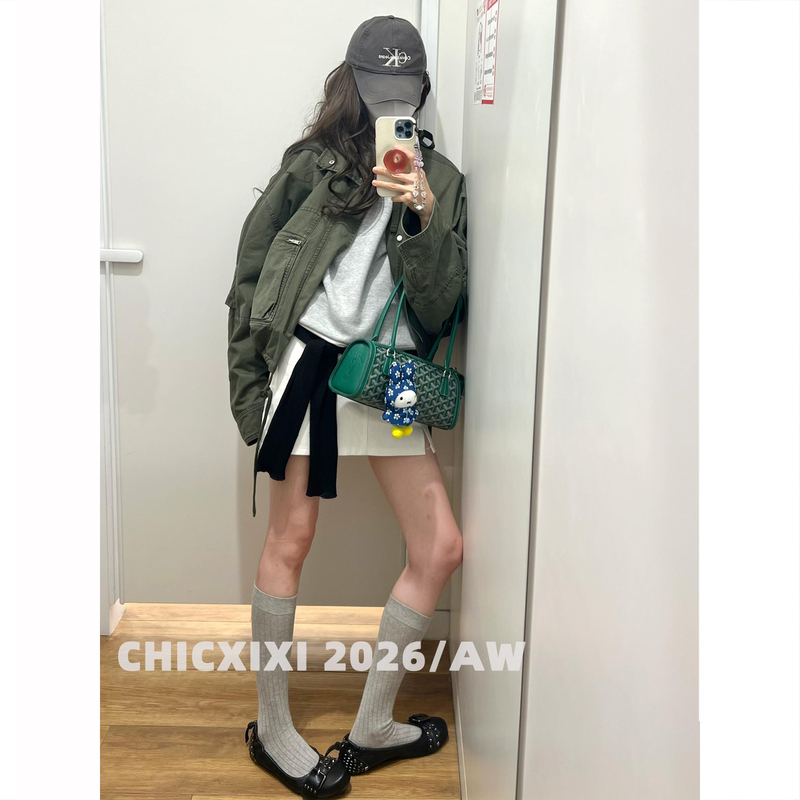 Chicxixi 2026/Aw Cocoon-Shaped Curved Line Vintage Green Workwear Jacket Short Casual Coat Top Autumn