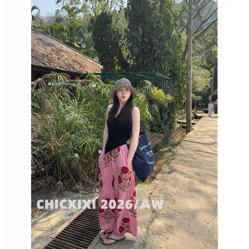 Chicxixi 2026Aw Summer Vibe Retro Chic Niche Large Floral Striped Casual Pants High-Waisted Long Pants Chicxixi 2026Aw Summer Vibe Retro Chic Niche Large Floral Striped Casual Pants High-Waisted Long Pants
