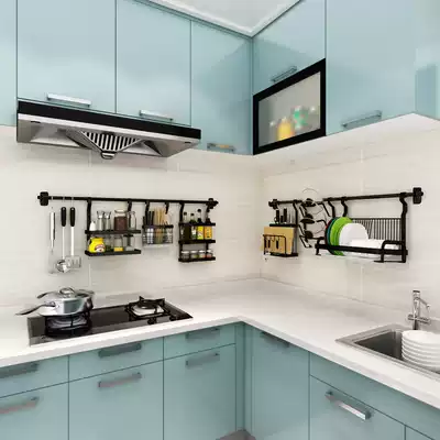 Black stainless steel kitchen shelf wall-mounted seasoning rack dish holder knife holder chopping board rack kitchenware storage layer rack