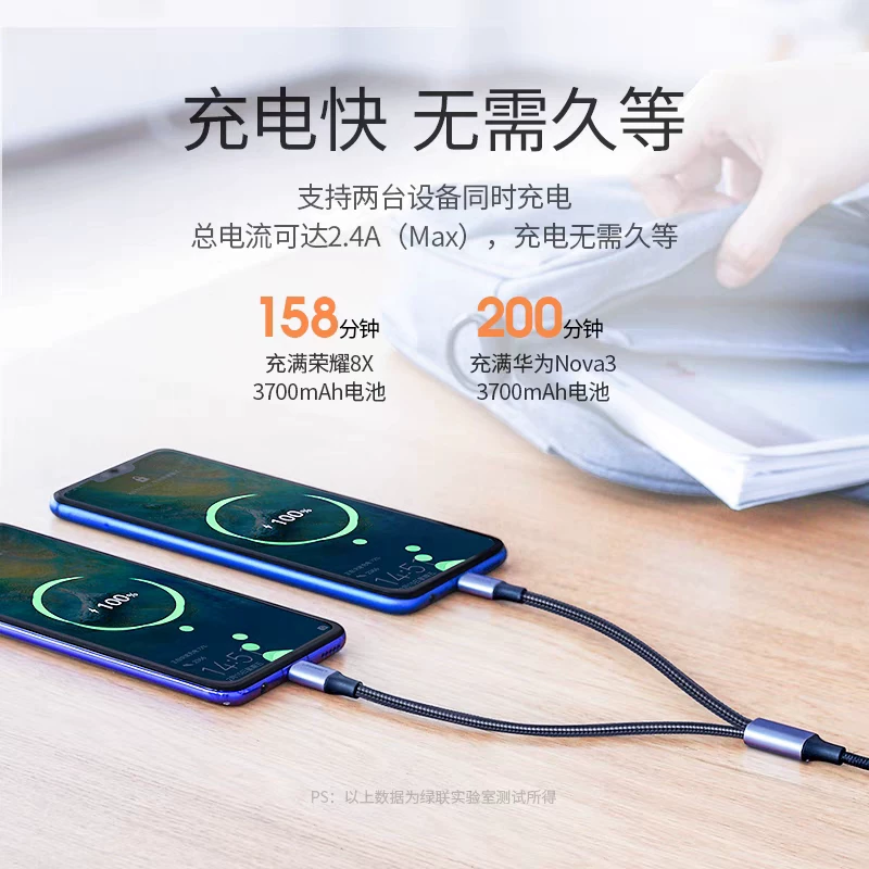 Ugreen Union US196 двухвперед 1 таск 2 кабель питания Android Type-C один-два microUSB многочастовой зарядник переплетенная проволока 30572 30572