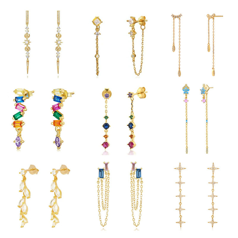 s925 silver tassel chain earrings set – long geometric fashion earrings