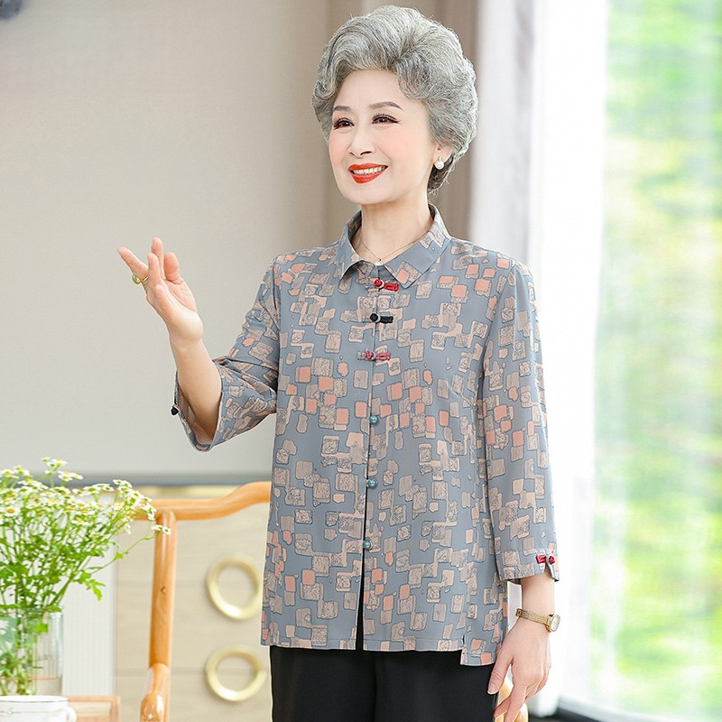 Elderly Women's Summer Long-Sleeved Shirts, Large Size Grandma Suits, Old Lady Clothes, Middle-Aged and Elderly Mother's Shirts