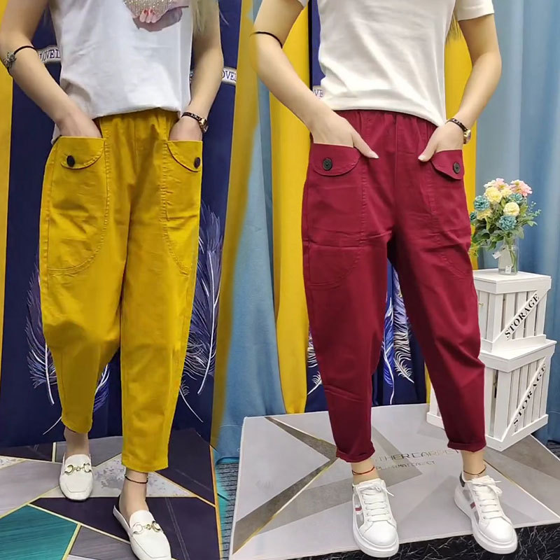 Women's Nine-Point Linen Pants, Loose Fit, Plus Size, Cotton-Linen Pants, Summer Thin Style, Tapered Harem Pants, Casual Dad-Style Carrot Pants for Women